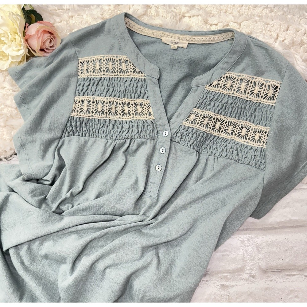 Bohemian Crochet Peasant Blouse Women's Sz S Hippy Cottage Core Ruched Lace Top